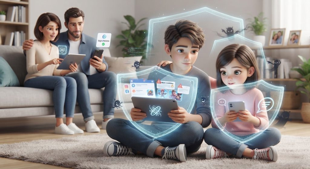 Ilustración estilo avatar de familia con menores y escudos digitales de protección frente a los cambios de Meta.